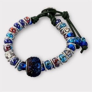 Hand Crafted Beaded Leather Wrap Bracelet Blue 6.25” Tree of Life NWT